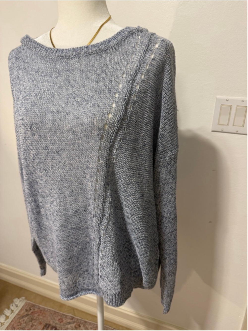 360 Linen Sweater Blue and White Linen Crew Neck Sweater, Size L, loose knit.